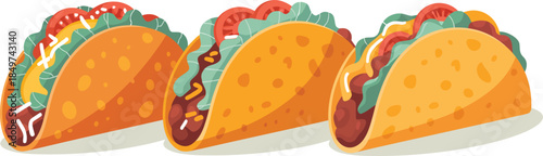Three colorful tacos filled with fresh ingredients, Mexican street food favorites with lettuce tomato cheese, appetizing meal