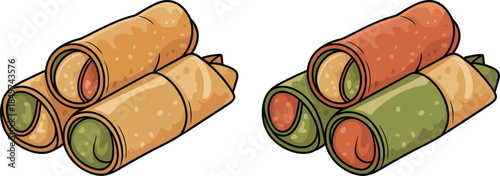 Three crispy spring rolls with various fillings stacked together, vector cartoon of popular asian appetizer food