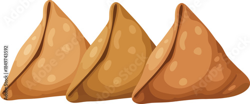 Three golden brown samosas with crispy outer shells and savory fillings, vector cartoon of popular fried snack food
