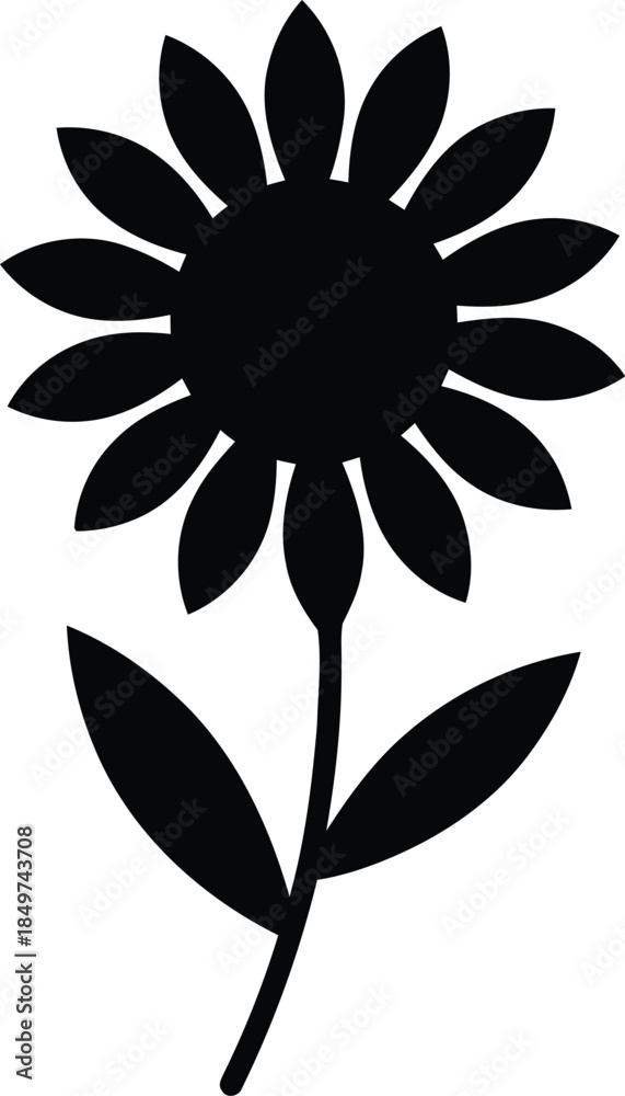 Fototapeta premium A Simple Black Silhouette of a Sunflower with Stem and Leaves