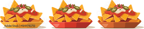Three plates of nachos with various toppings including cheese, salsa, and jalapenos isolated on transparent background