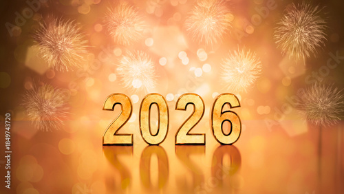New Year 2026 banner in gold, festive luminous blurred background with fireworks. Bokeh effect