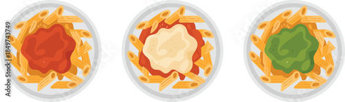 Three plates of penne pasta with various sauces isolated on transparent background, Italian meal options