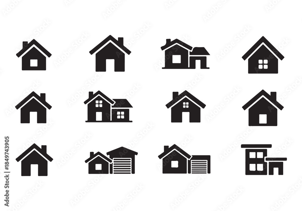 Fototapeta premium House Icon Silhouette Vector Set – Minimal Home Building Symbols Collection Isolated on White Background