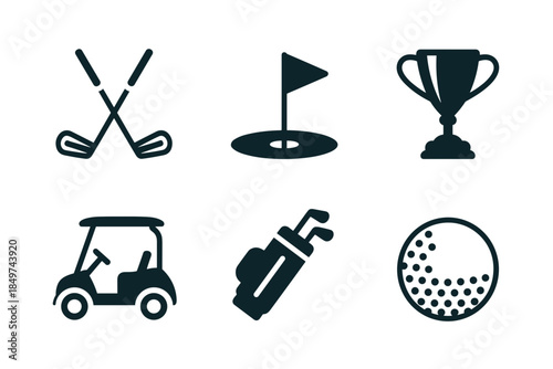 Golf Icons Set Featuring Golf Clubs, Flag, Trophy, Cart, Bag, and Ball
