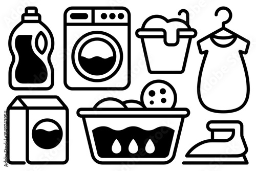 Laundry Icons Featuring Washer, Detergent, and Other Essential Equipment
