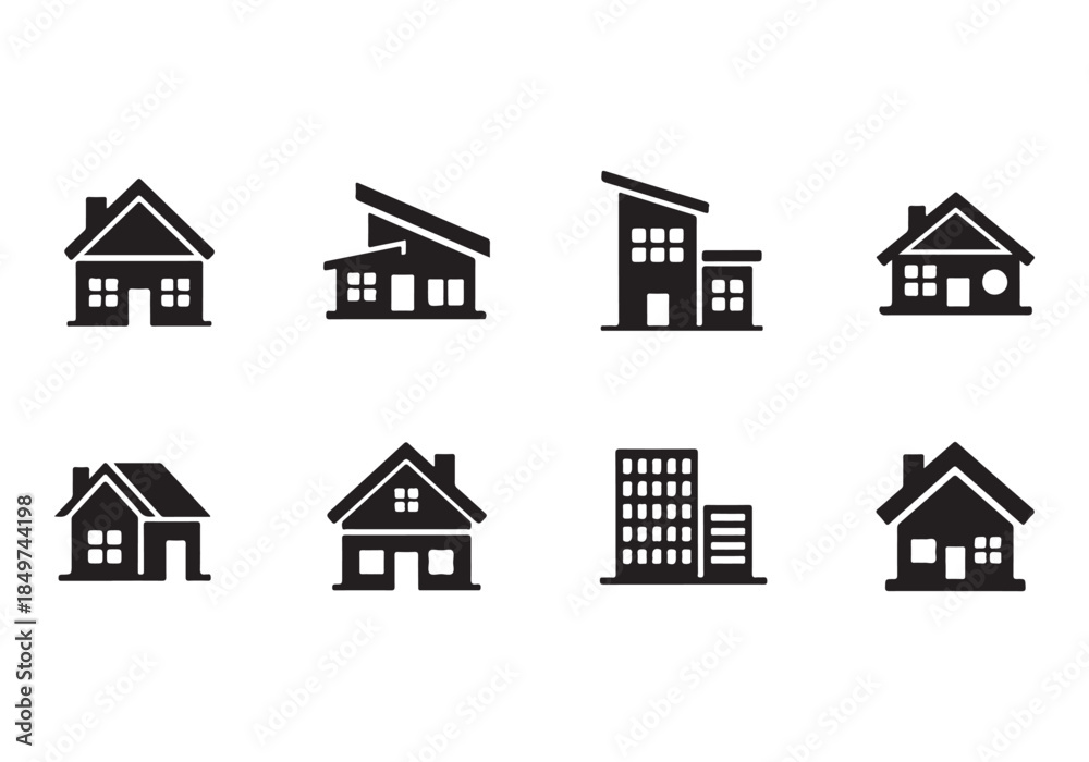 Fototapeta premium House Icon Silhouette Vector Set – Minimal Home Building Symbols Collection Isolated on White Background