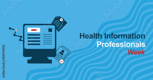 Health Information Professionals Week Banner Design with Digital Health Records and Clinical Medical Data Analytics and Healthcare Information Management Concepts Vector.