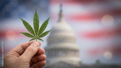 Cannabis leaf held in front of US Capitol and flag, for legalization policy.