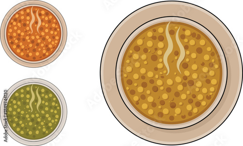 Traditional indian dal soup bowls set brown and green lentil dishes hot food for restaurant menu healthy eating