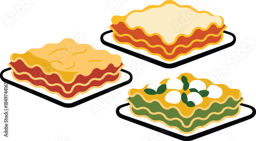 Three variations of lasagna dishes featuring different sauces and toppings ready to be served italian cuisine