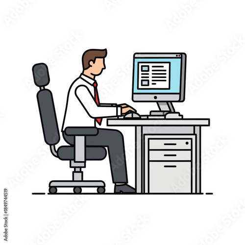 Professional man working diligently at a modern computer workstation in an office environment