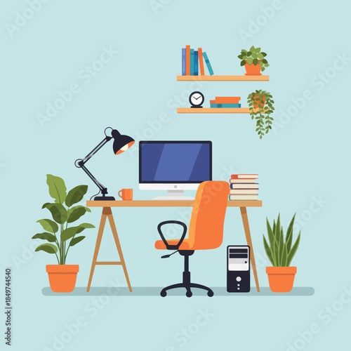 Modern minimalistic workspace with vibrant decor and organized design for productivity and comfort