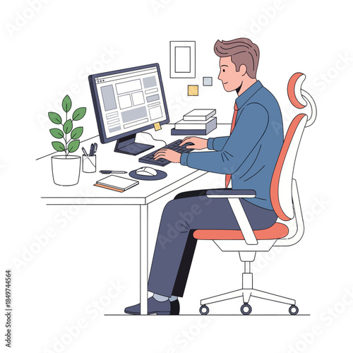 Modern young professional man working on a desktop computer at a cluttered office desk with plants