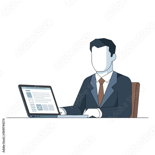 Minimalist Illustration of a Professional Businessman Sitting at a Desk with a Laptop Appropriate