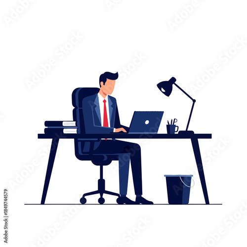 Modern business professional working at a sleek desk with computer and office supplies in a