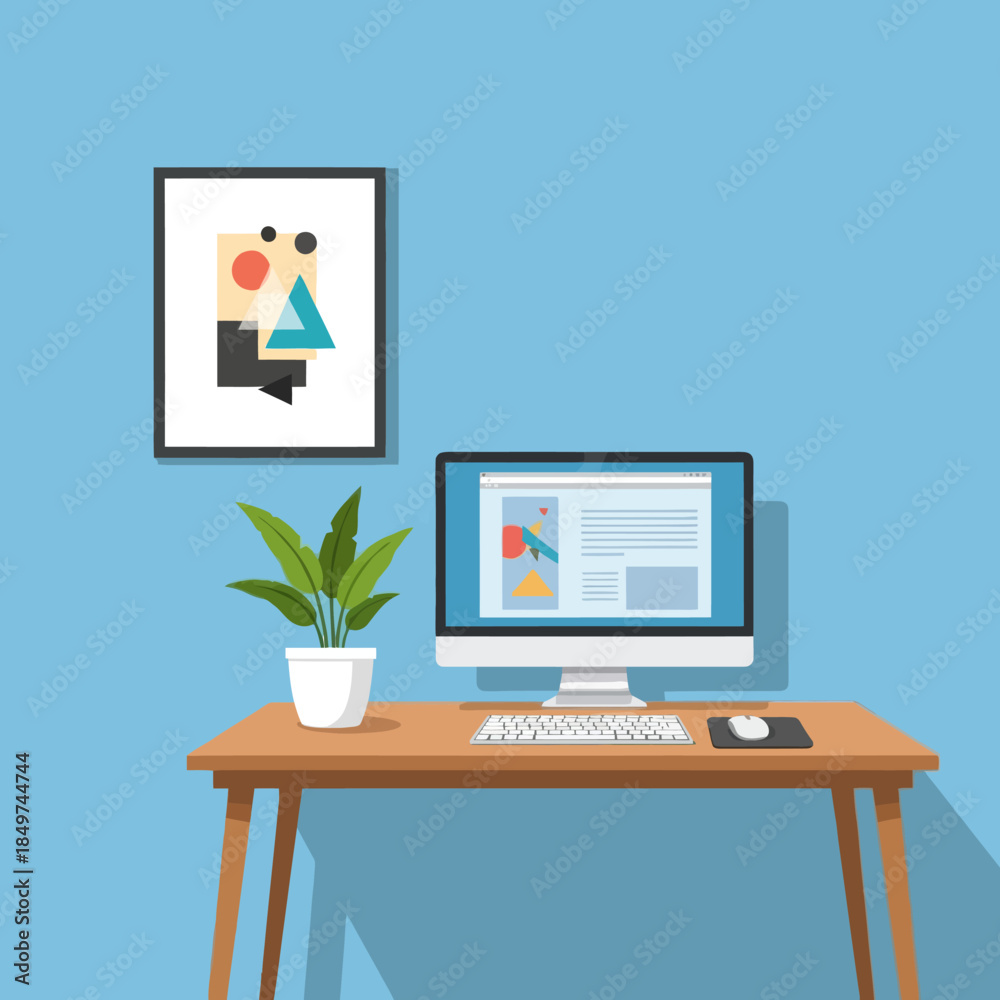 Fototapeta premium Modern workspace with a computer monitor and a vibrant framed abstract art piece on a bright blue