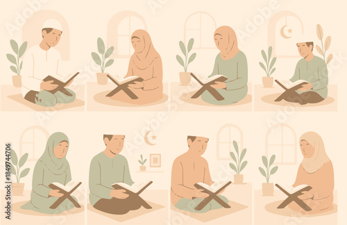 Muslim men and women reading Holy Quran collection vector illustration set for Ramadan