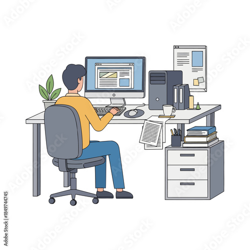 Modern office workspace with multiple computer screens and organized desk setup for productivity