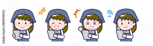 タブレットを使う「スタッフ」の女性