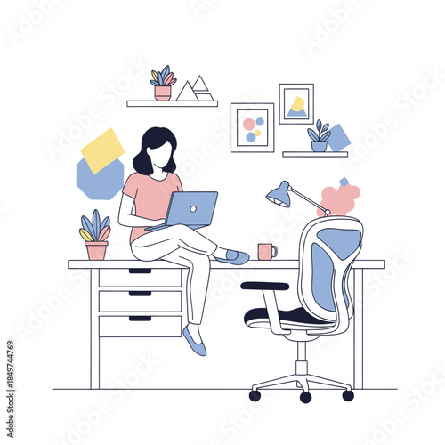 Modern home office workspace with a woman working on a laptop amid vibrant decor and