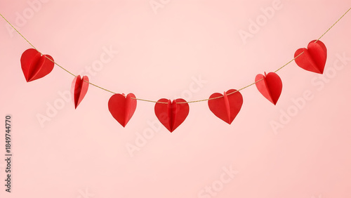Red heart garland on pink background for valentine s day decoration