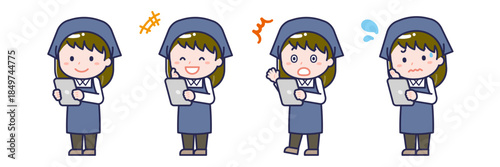 タブレットを使う「スタッフ」の女性