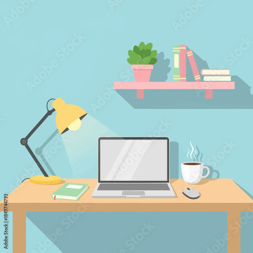 Modern workspace setup with a laptop on a tidy desk complemented by a cozy shelf with books and a