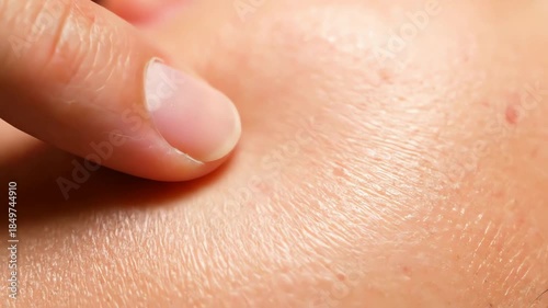 Dermatological concept showing an extreme close-up of a finger pressing on face skin with visible pores and texture.