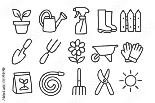 Gardening tools icons collection: plant, watering can, spray bottle, boots, gloves, shovel.