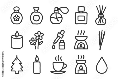 Aromatherapy icon set: candles, essential oils, diffusers, incense, perfume.