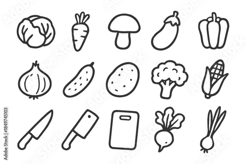 Hand-drawn vegetable icons set: cabbage, carrot, mushroom, eggplant, pepper, onion, more.