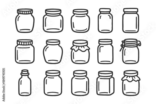 Collection of hand-drawn different jar designs in black and white.