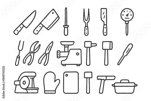 Collection of essential kitchen tools and utensils in line art style.