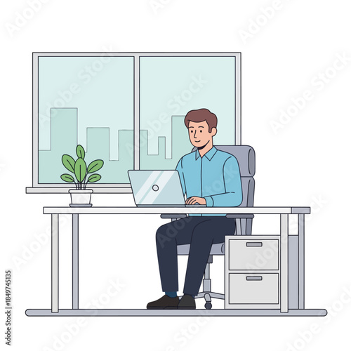 Professional young man working on a laptop at modern office desk with large window and plant