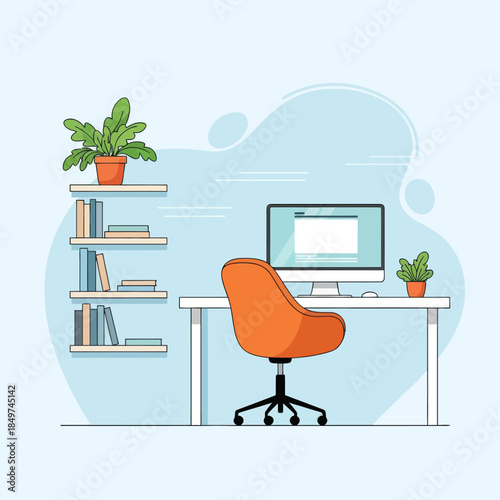 Modern minimalist workspace with organized shelves and ergonomic office chair on a bright blue