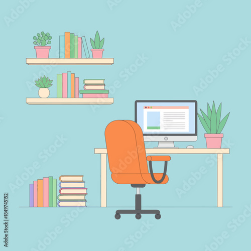 Modern workspace with ergonomic chair and organized shelves in a cozy home office setup