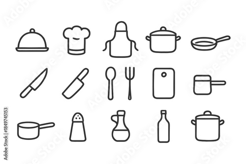 Kitchen utensils and cookware icons set: simple line art design.