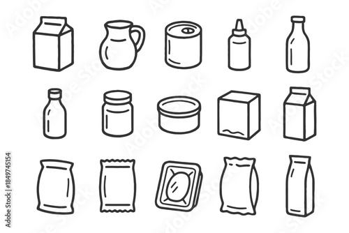 Hand-drawn food packaging icons collection including boxes, bottles, and containers.