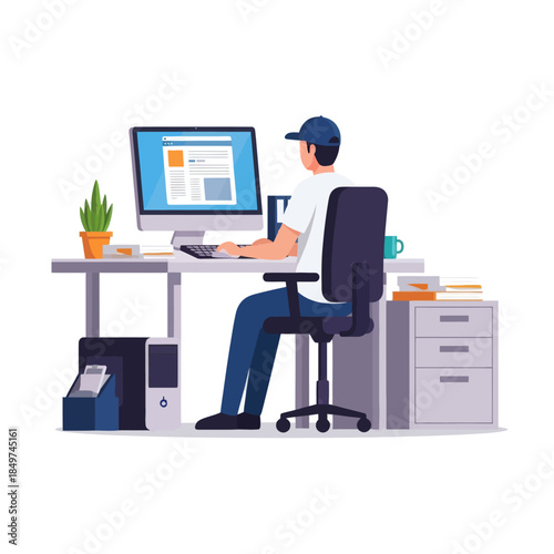 Modern workspace scene with a person working at a desktop computer in an organized office
