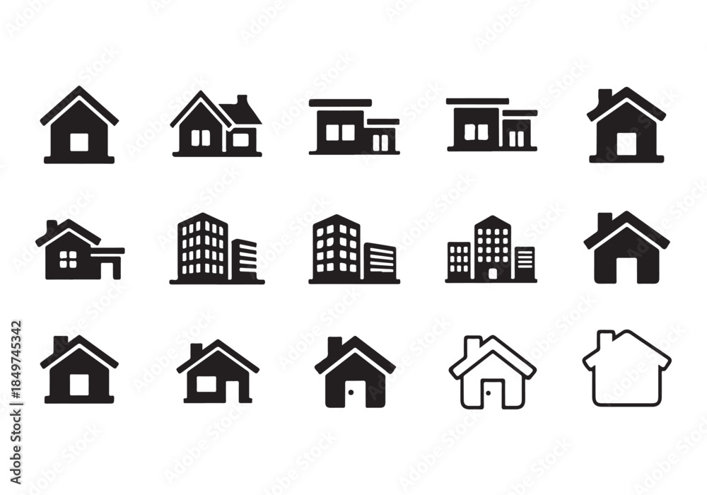 Fototapeta premium House Icon Silhouette Vector Set – Minimal Home Building Symbols Collection Isolated on White Background