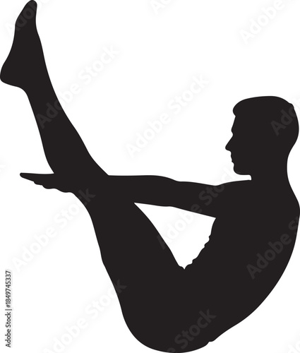 Male silhouette in yoga boat pose core exercise isolated on white background