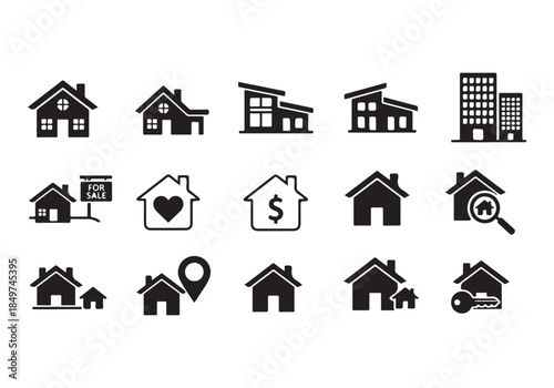 House Icon Silhouette Vector Set – Minimal Home Building Symbols Collection Isolated on White Background