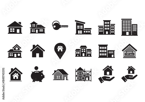 House Icon Silhouette Vector Set – Minimal Home Building Symbols Collection Isolated on White Background