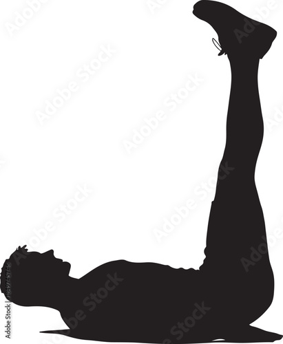 Man doing leg raises silhouette vector. Male athlete abs core workout exercise on floor.