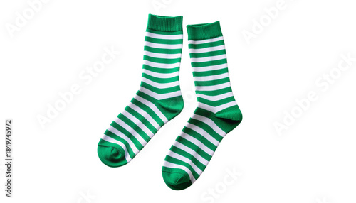 Pair of Green and White Striped Knee-High Socks with Fun Festive Design, Isolated on Transparent Background