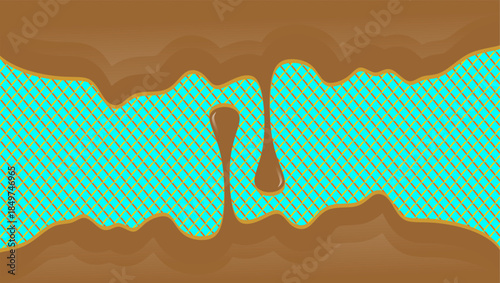 Hot chocolate drip illustration. Melting chocolate on waffle background. Drippy ice cream vector design. Wavy choco melt border. Brown chocolate drips illustration.