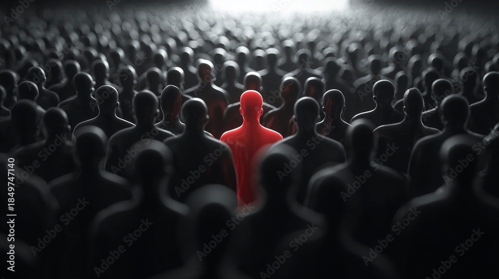 Fototapeta premium Red figure standing out in a crowd of black silhouettes, spotlight effect