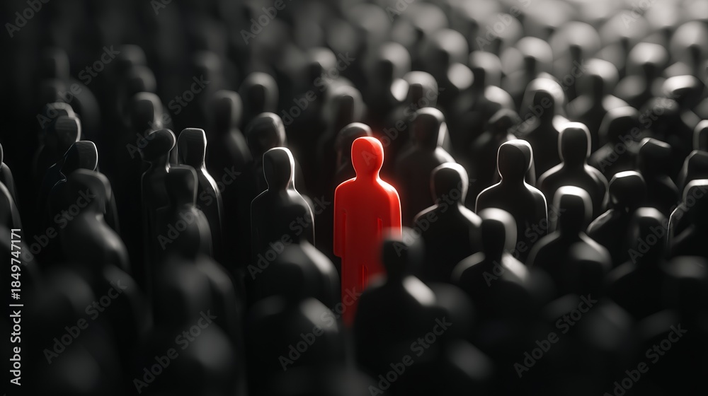 Fototapeta premium Red figure standing out among black silhouettes in crowd illustration