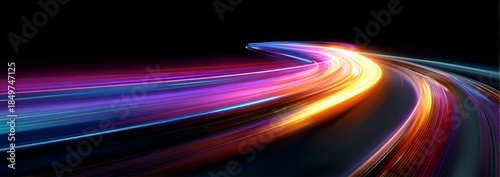 Neon speed lines spiral across a high-speed night city road. Flowing light trails illustrate dynamic motion and futuristic energy. Modern technological illustration presented in vector. 
